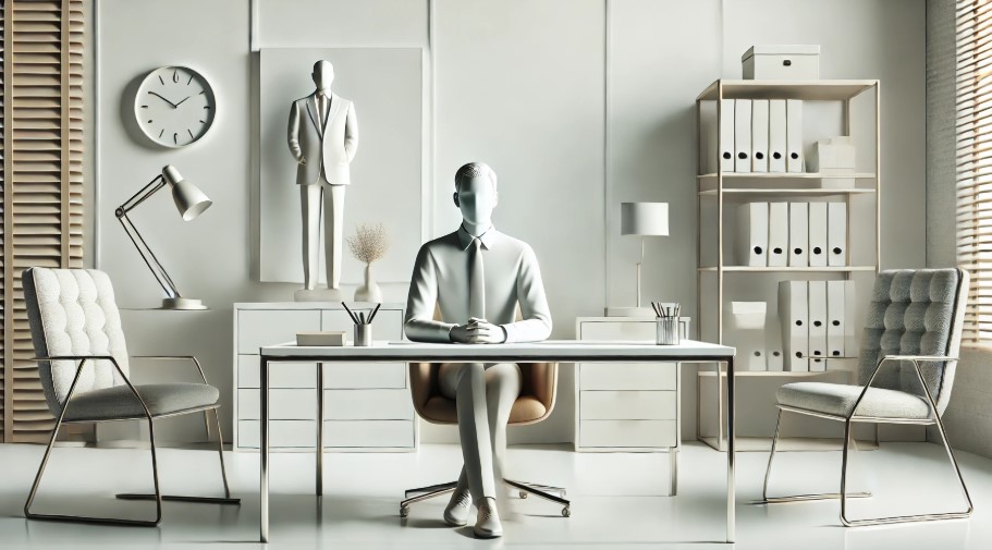 Minimalistic white/neutral office setup with Mannequin sitting on a desk